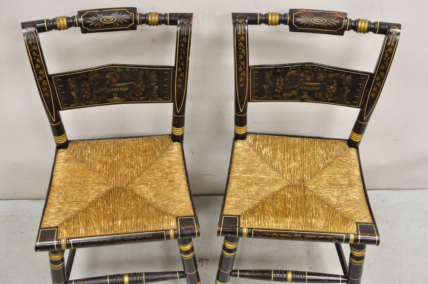 Antique Hitchcock Black and Gold Harvest Stencil Rush Side Chairs - a Pair