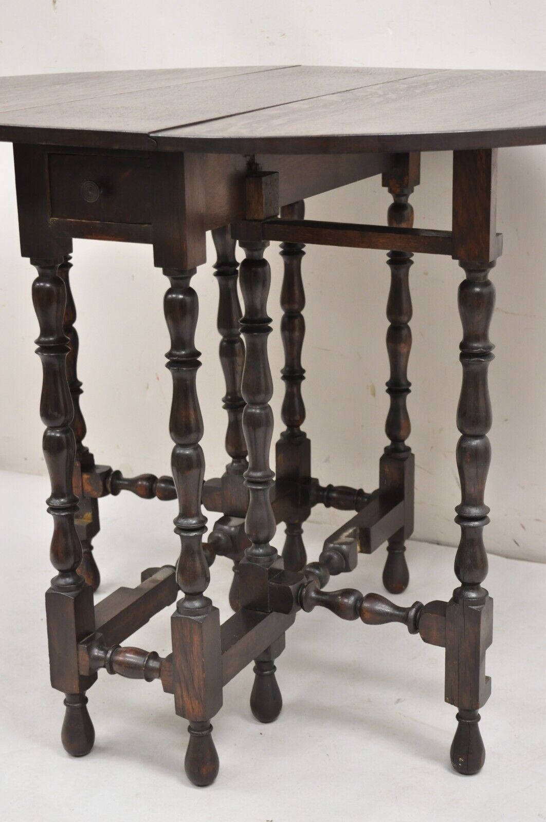 Antique English Jacobean Oak Wood Barley Twist Small Oval Drop Leaf Table