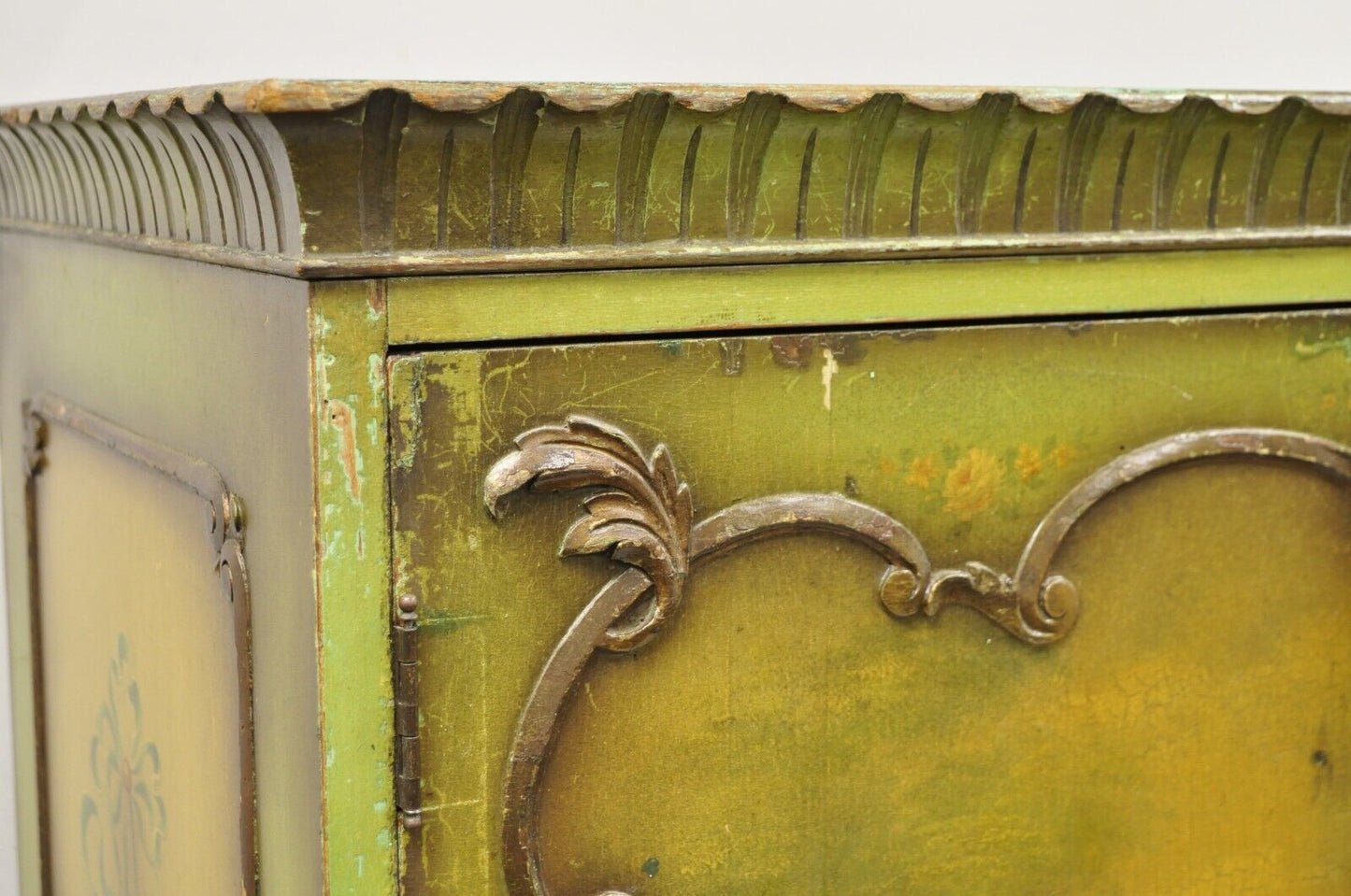 Antique French Renaissance Green Distress Painted Radio Cabinet Bar Cupboard