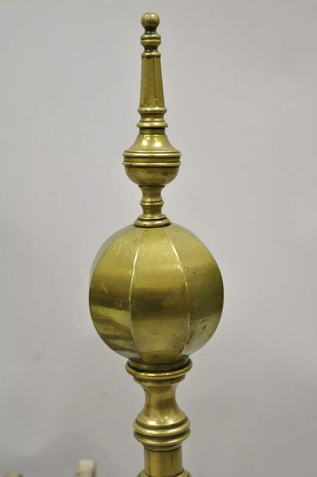 Antique Federal Faceted Brass Cannonball Branch Foot Cast Iron Andirons - a Pair