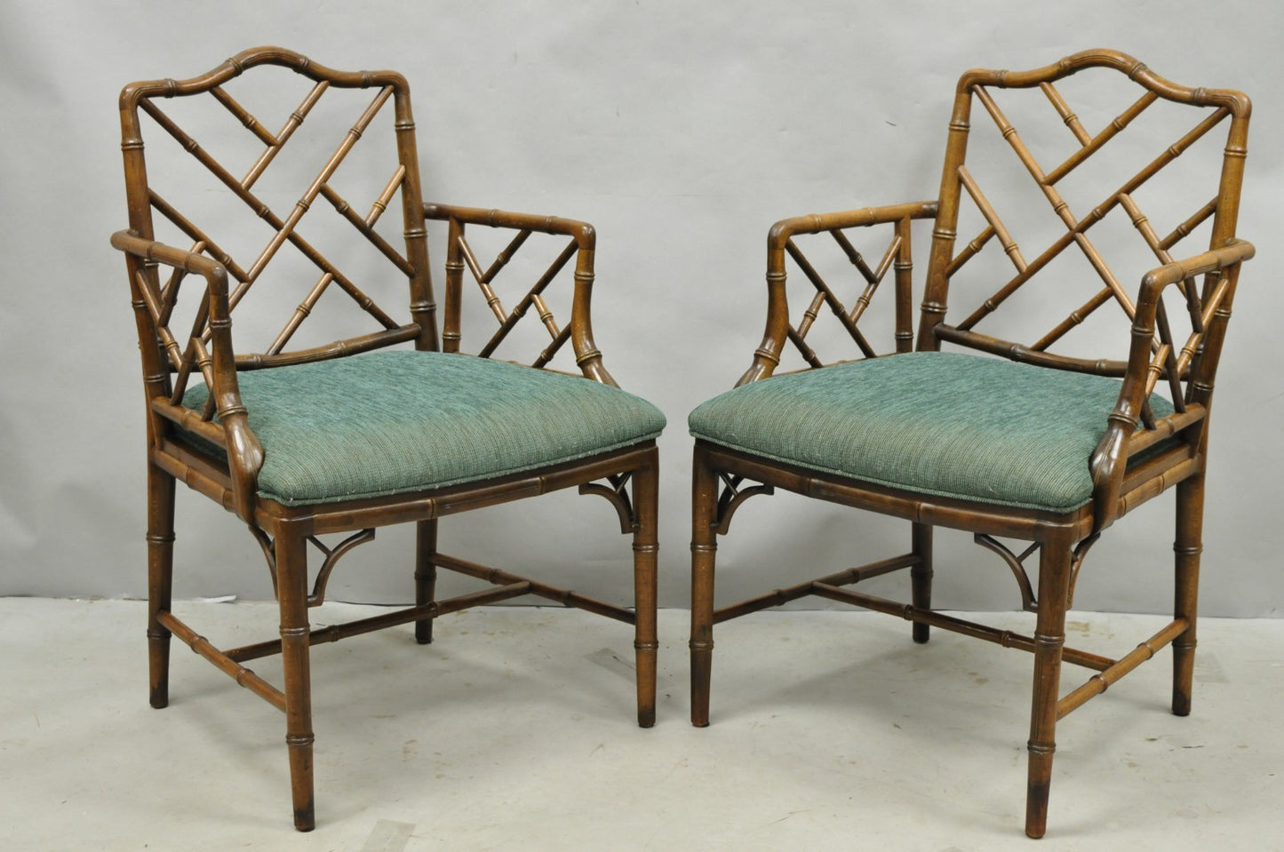Vintage Chinese Chippendale Faux Bamboo Wood Fretwork Dining Arm Chairs - a Pair