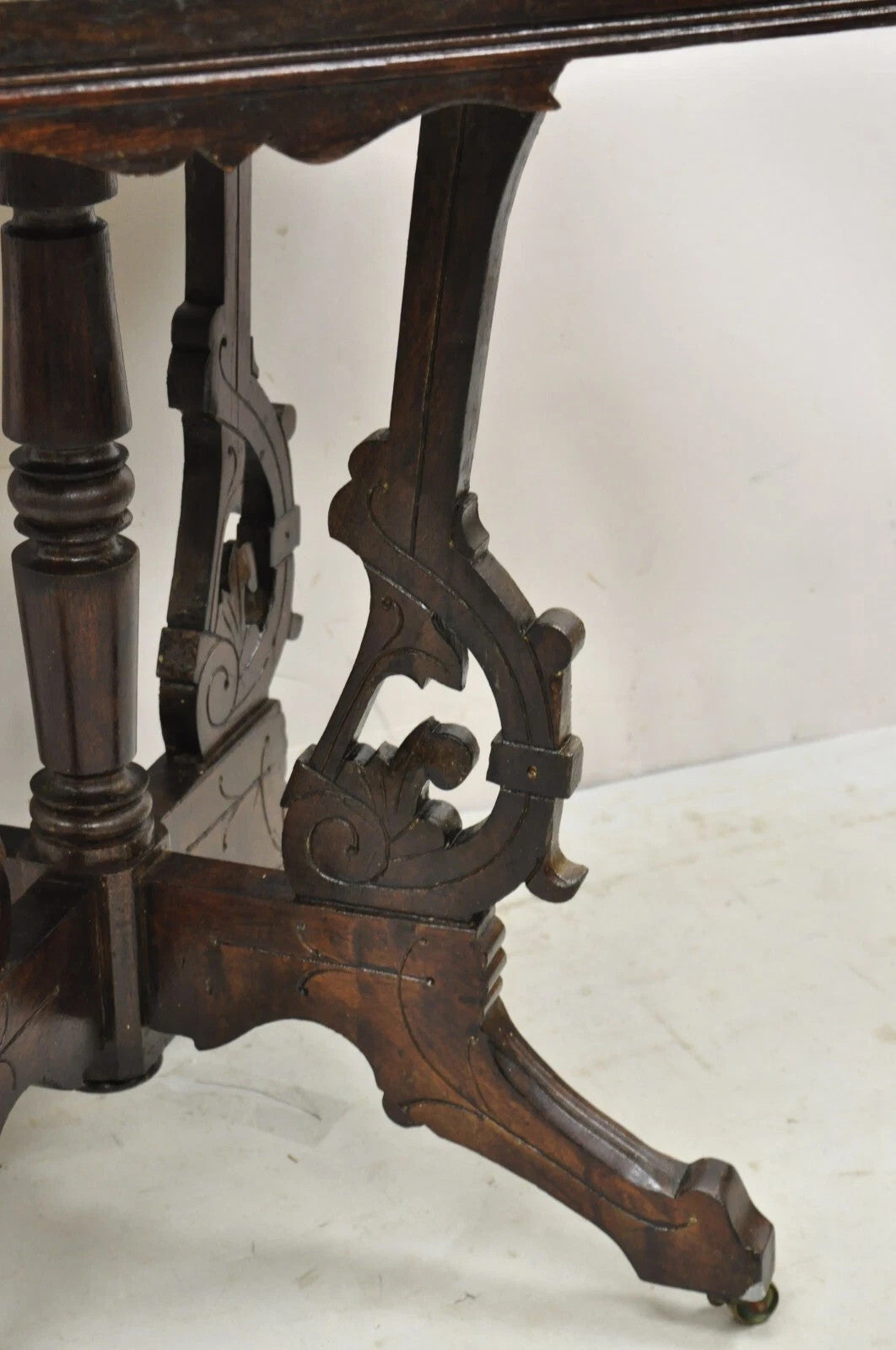 Antique Eastlake Victorian Marble Top Carved Walnut Parlor Accent Side Table