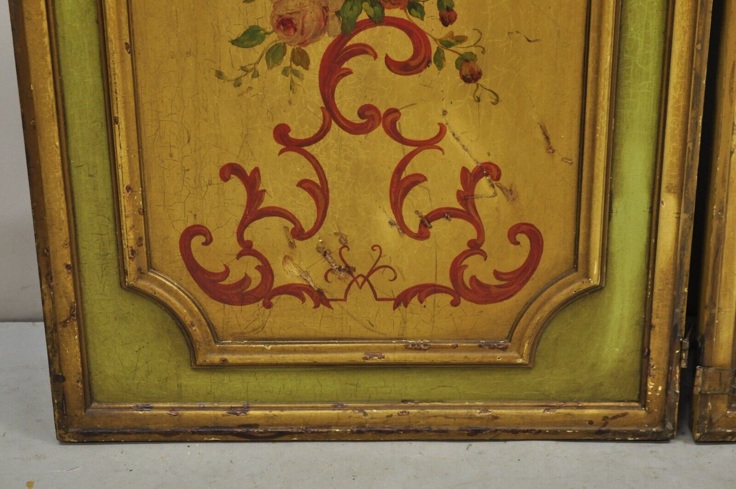 Antique French Louis XV Green Painted Parrot 3 Panel Venetian Room Screen (C)