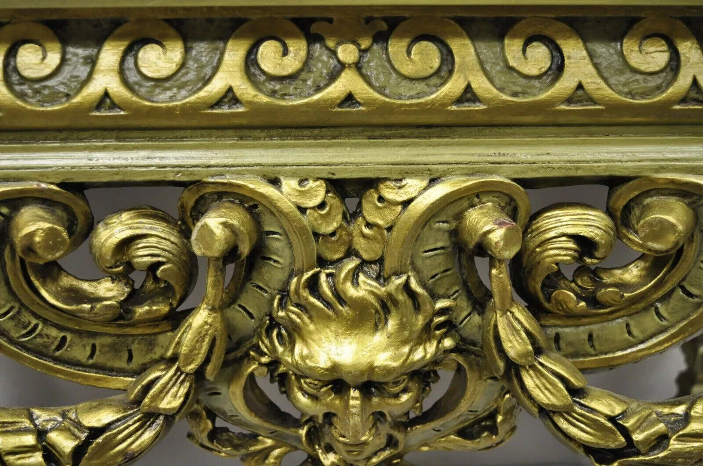 Vintage French Baroque Green Gold Gilt Figural Carved Slate Top Console Table