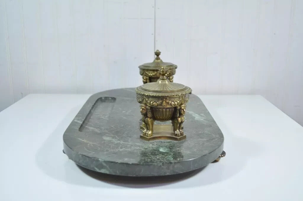 Antique French Empire Figural Bronze Sphinx Green Marble Desk Top Double Inkwell