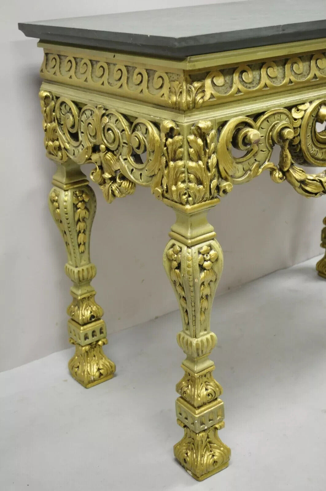 Vintage French Baroque Green Gold Gilt Figural Carved Slate Top Console Table