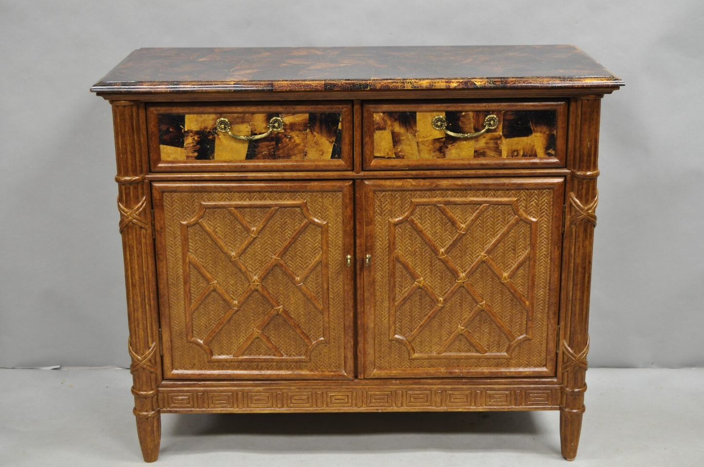 Chinese Chippendale Faux Bamboo Rattan Tortoiseshell Server Buffet Bar Cabinet