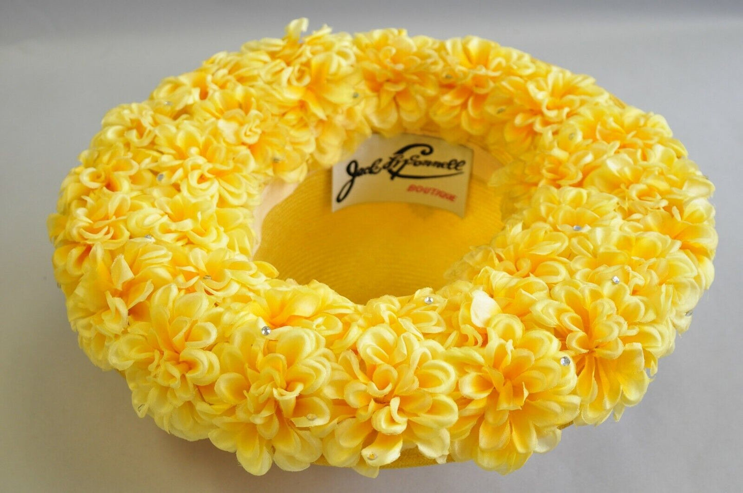 Vintage Jack McConnell Boutique Yellow Straw Bejeweled Flower Petal Derby Hat