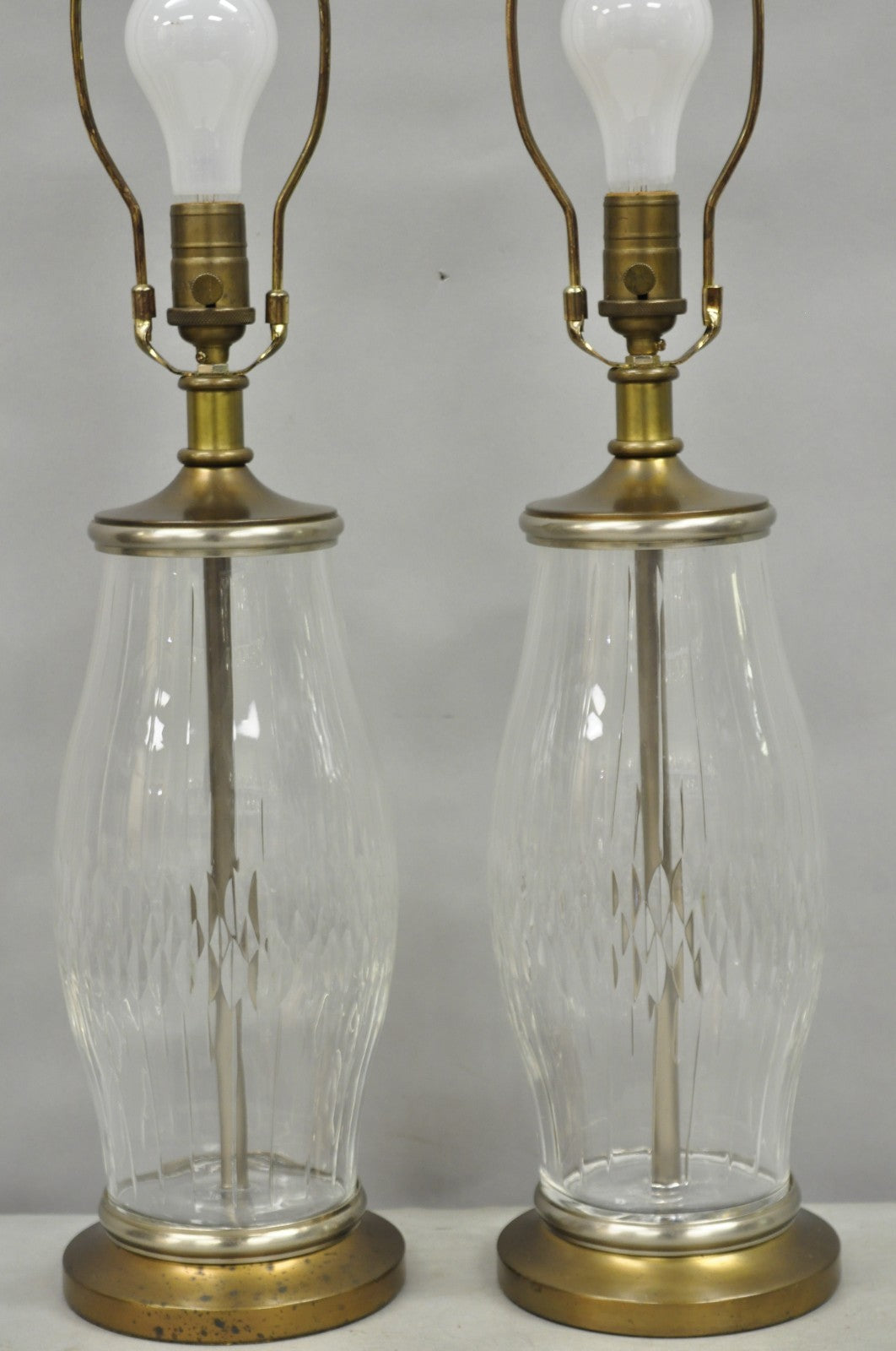Vintage Bombay Co. Cut Crystal Glass Jardiniere & Brass Table Lamps - a Pair