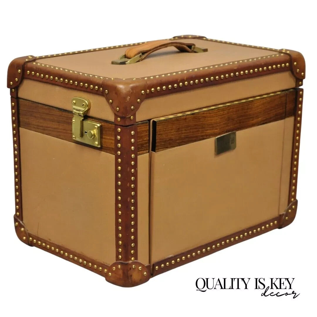 Vintage Custom Italian Leather Toiletry Box Case Travel Trunk w/ Brass Nail Trim