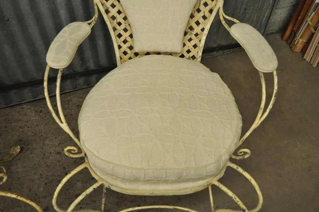 Vintage French Country Wrought Iron Lattice Scrolling Arm Chairs (B) - Pair