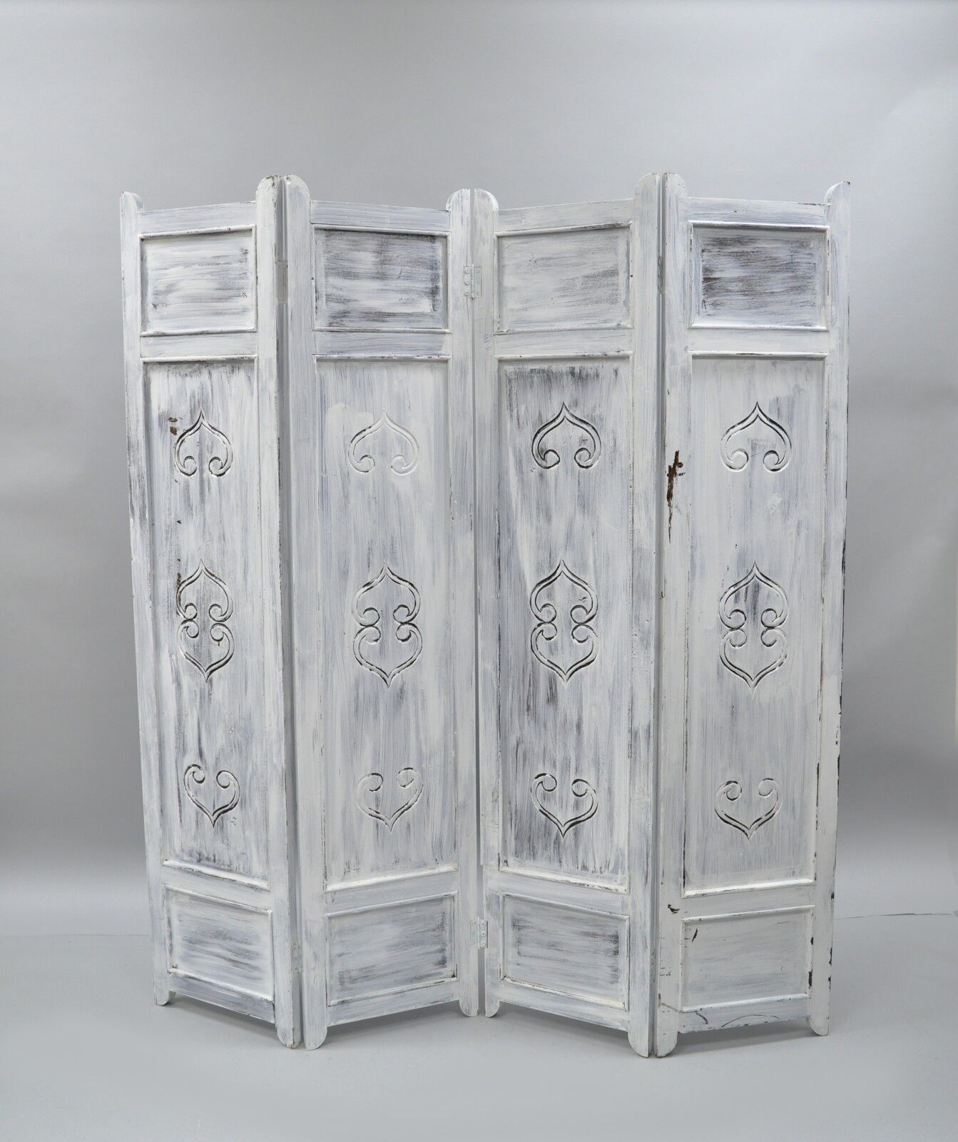 Boho Chic Oriental 4 Panel Screen White Distress Painted Wooden Room Divider