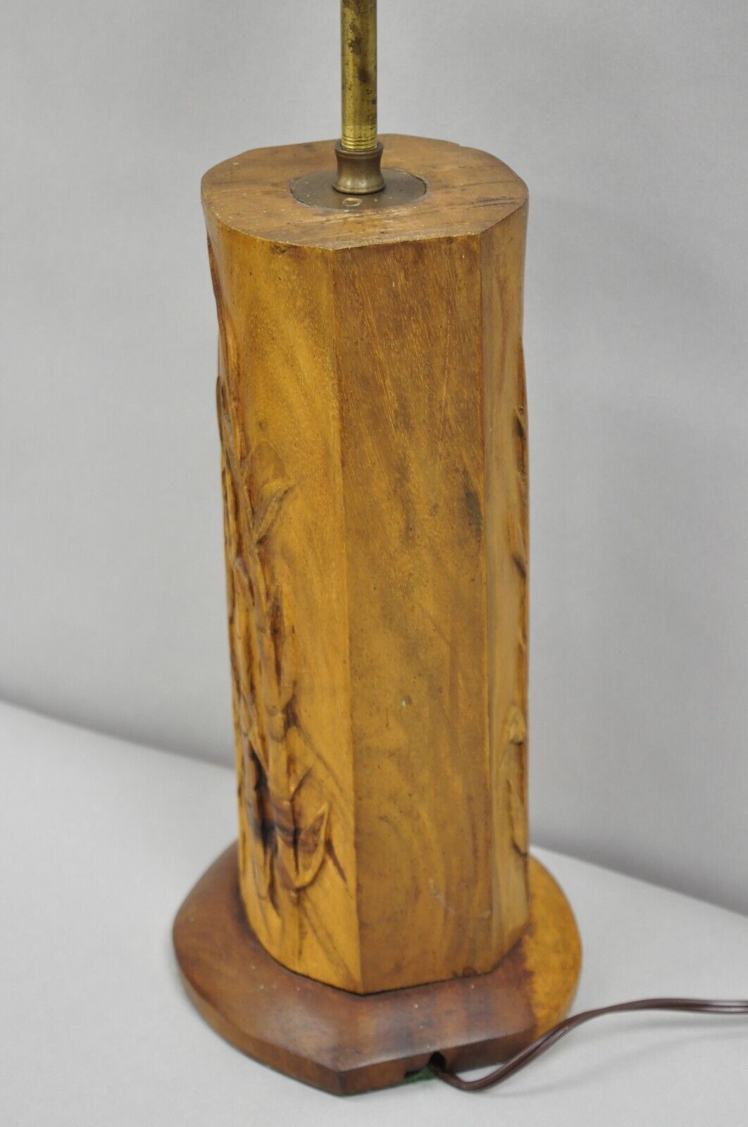 Antique Chinese Carved Solid Teak Wood Block Bamboo Chute Table Lamp