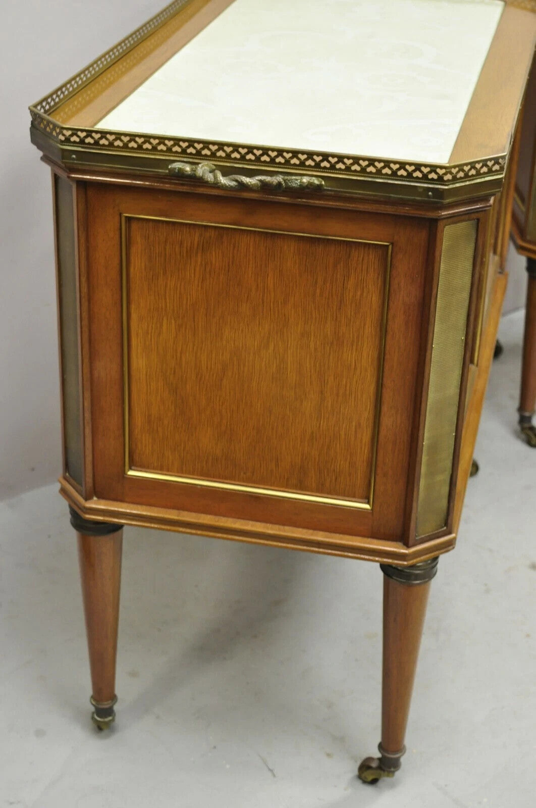 French Neoclassical Regency Mahogany & Bronze Bar Server Cabinet Tables - Pair