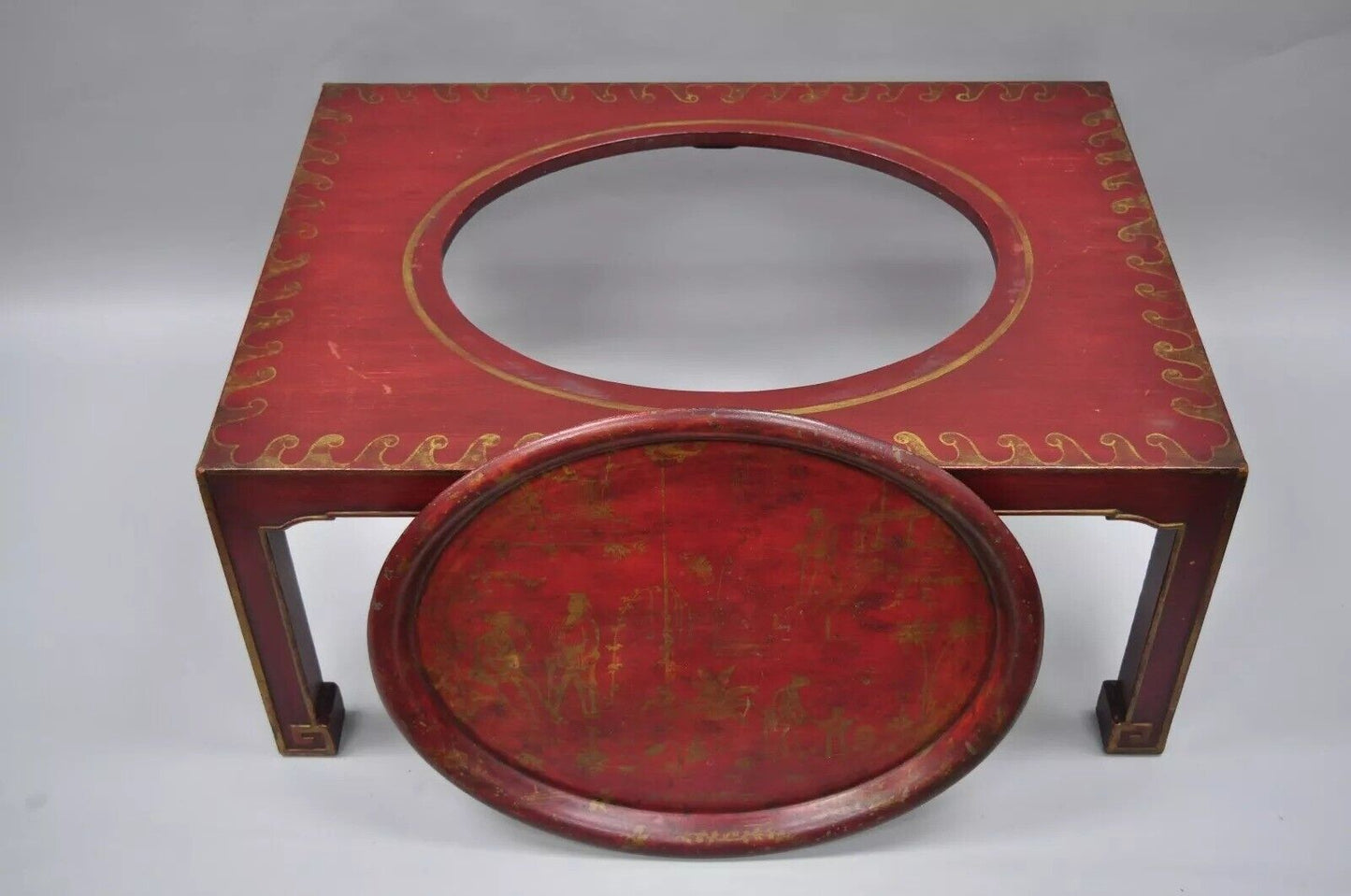 Vintage Chinoiserie Red Oriental Coffee Table with Tole Metal Serving Tray Top
