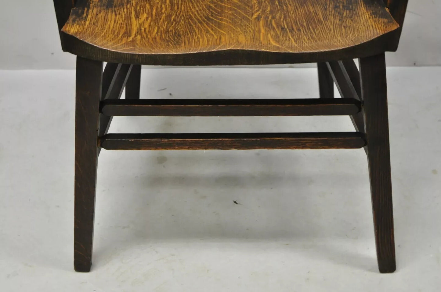 Antique Arts & Crafts Mission Oak Bowed Spindle Plank Seat School Arm Chair