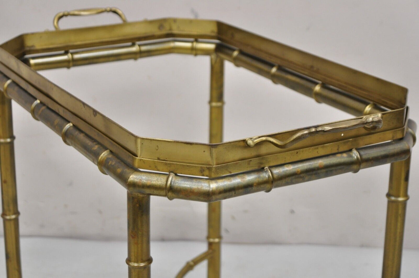 Vintage Italian Hollywood Regency Brass Faux Bamboo Tray Top Accent Side Table