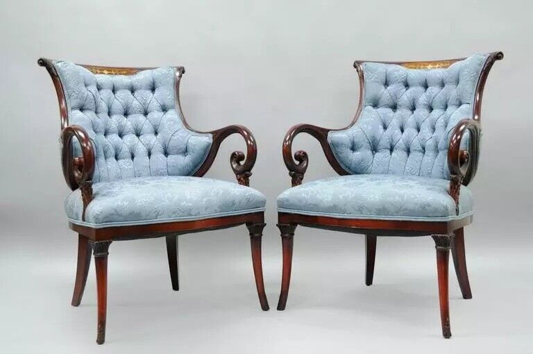 Antique Hollywood Regency Grosfeld House Mahogany & Rosewood Arm Chairs - a Pair