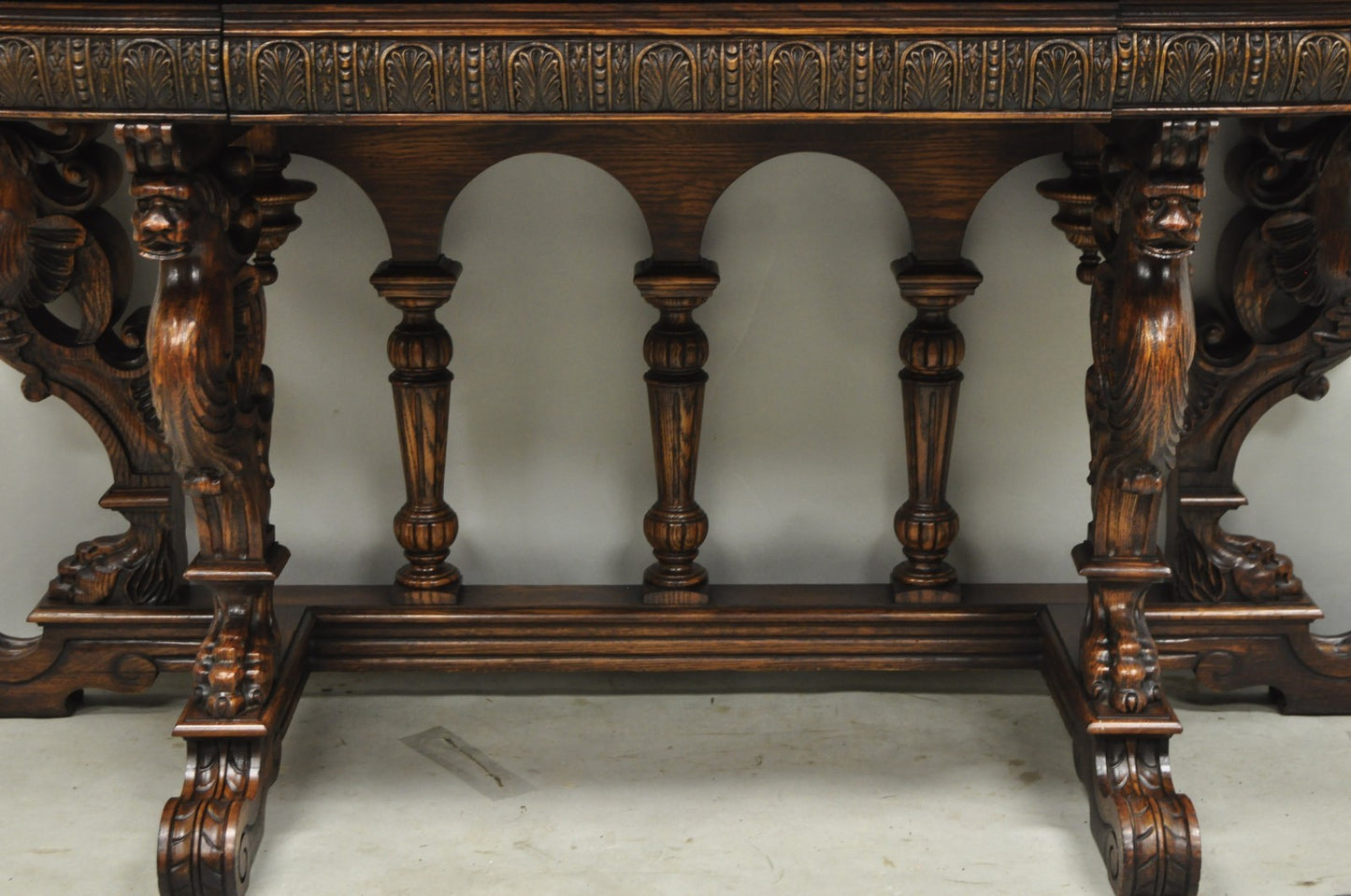 Antique Italian Renaissance Figural Carved Griffin Oak Flip Top Library Table