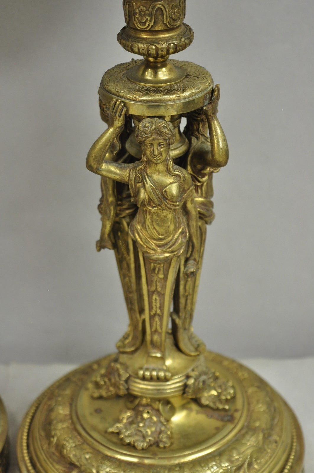 French Renaissance Brass Figural Maiden Base Red Bohemian Glass Table Lamps Pair