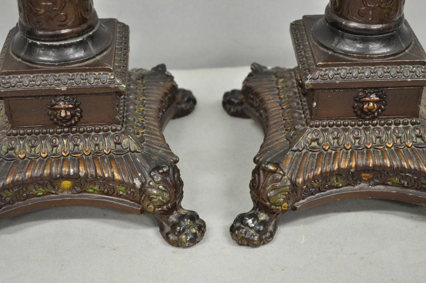Antique French Empire Brown Painted Column Small Metal Table Lamps - a Pair