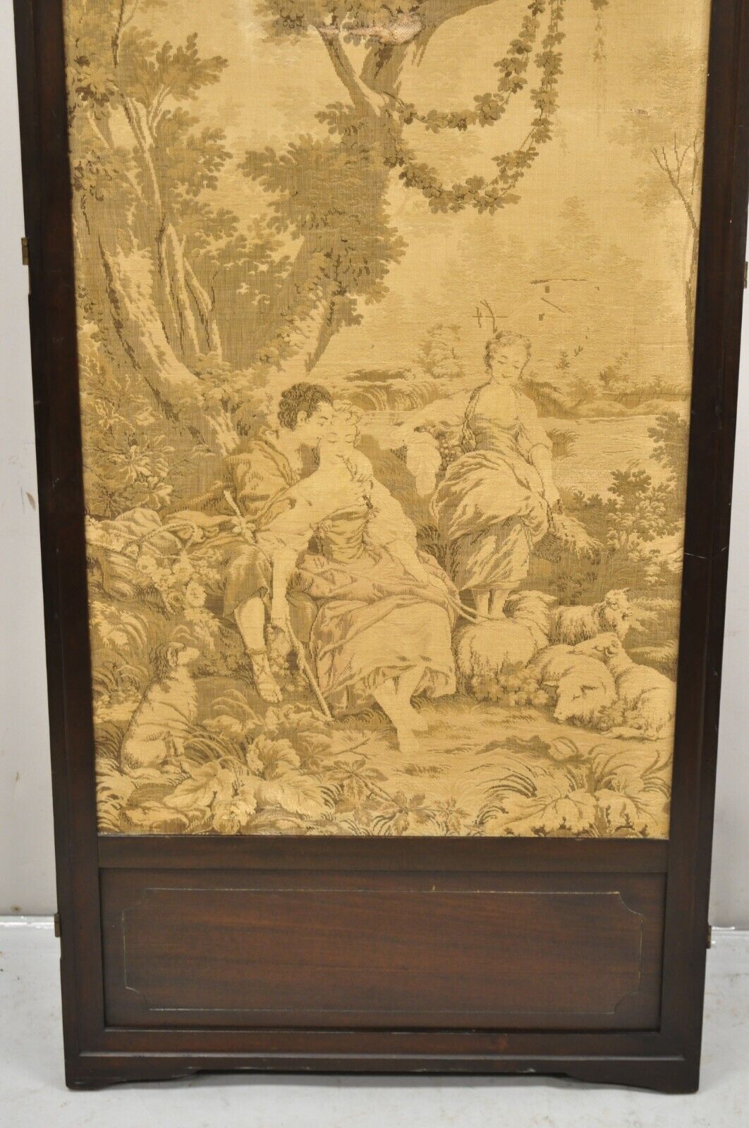 Antique Victorian French Tapestry Mahogany Frame 3 Panel Screen Room Divider