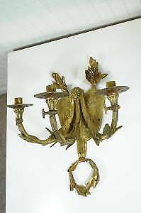 19th C French Bronze Acanthus Candle Holder Wall Sconce Coat of Arms Lion Shield