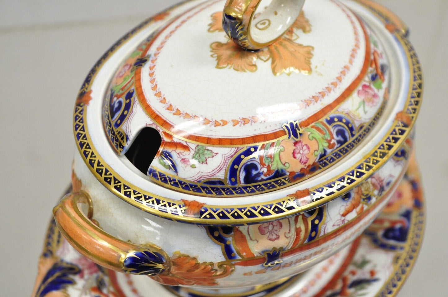 Antique English Ironstone Diamond Patent Covered Sauce Tureen with Underplate
