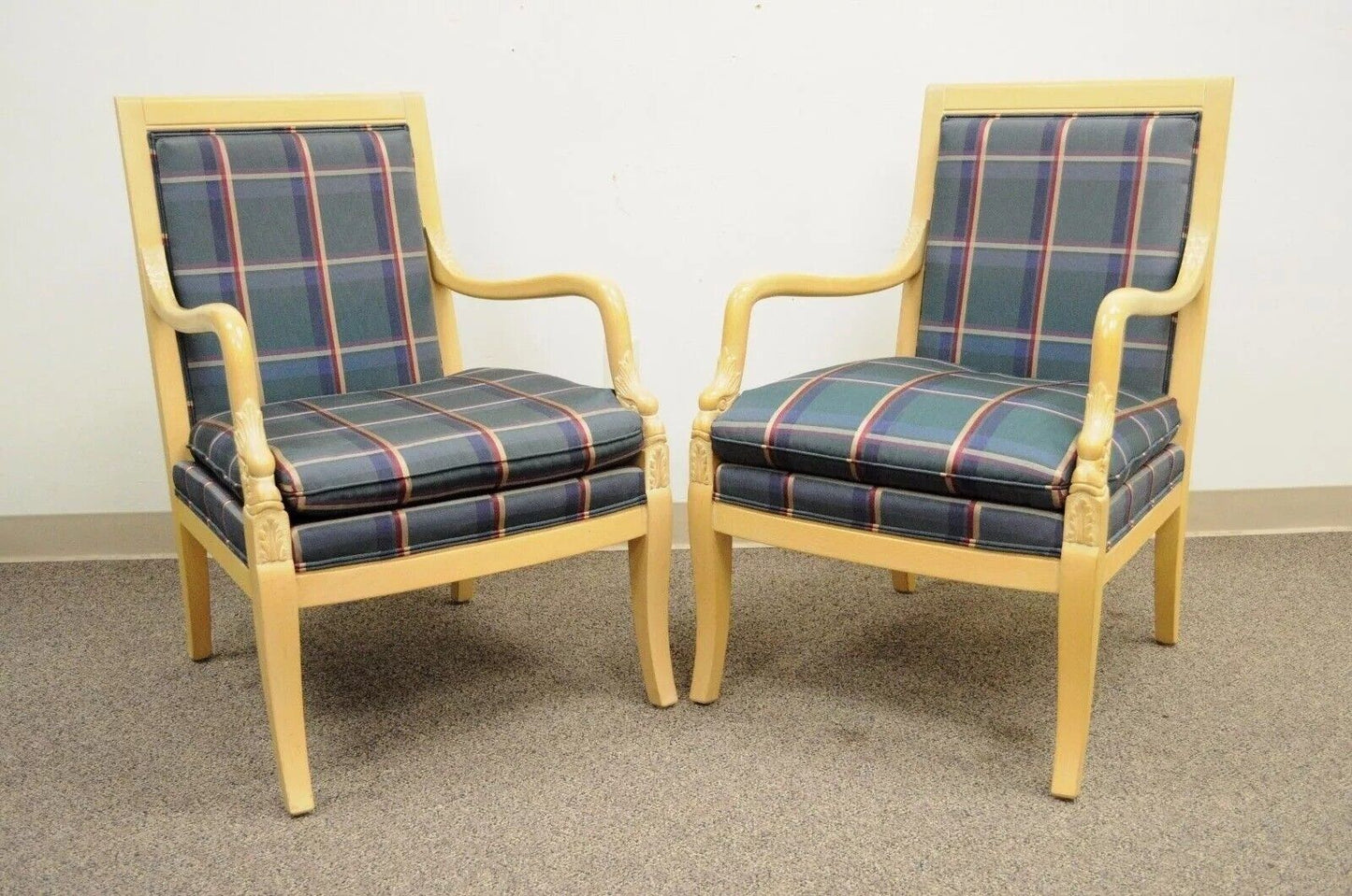 Ethan Allen Italian Regency Carved Dolphin Fireside Lounge Arm Chairs - a Pair
