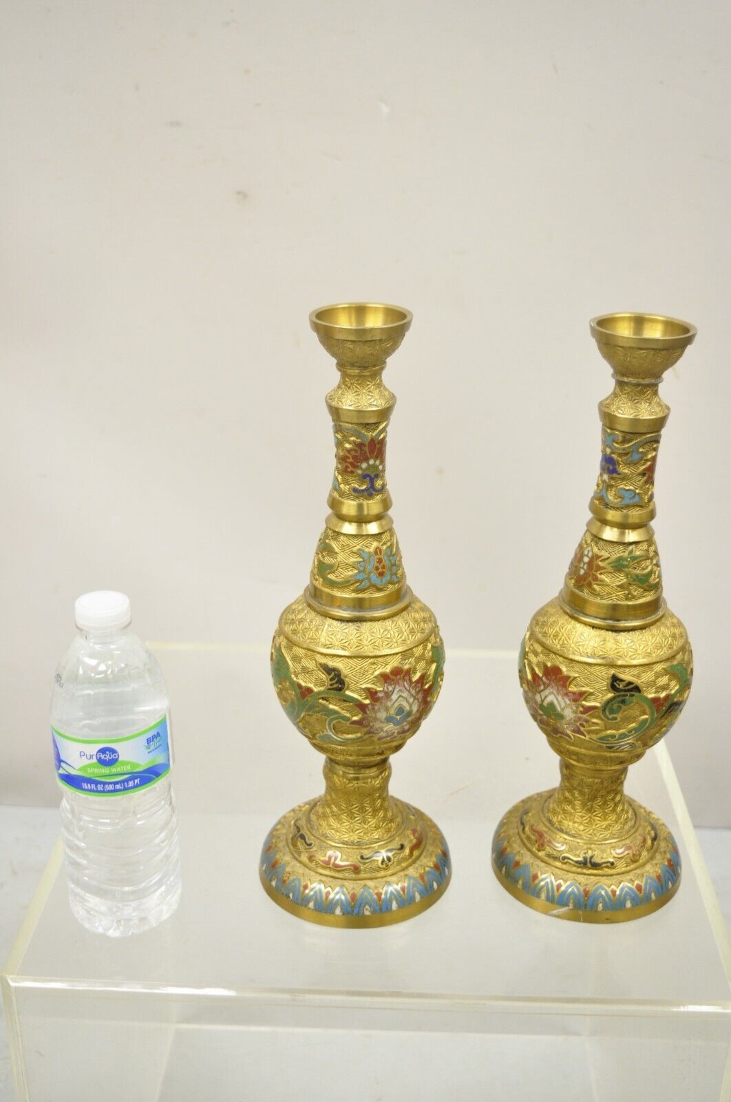 Vintage Japanese Cloisonne Enamel 13" Bronze Candlesticks Lamp Base - a Pair