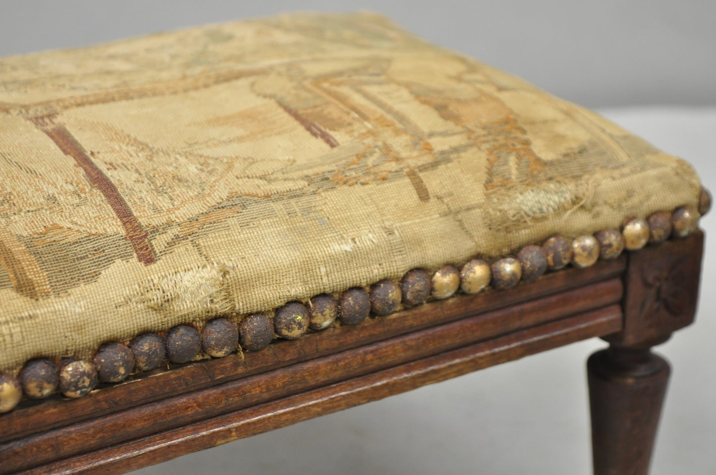 Antique French Country Louis XVI Carved Walnut Small Petite Footstool Ottoman