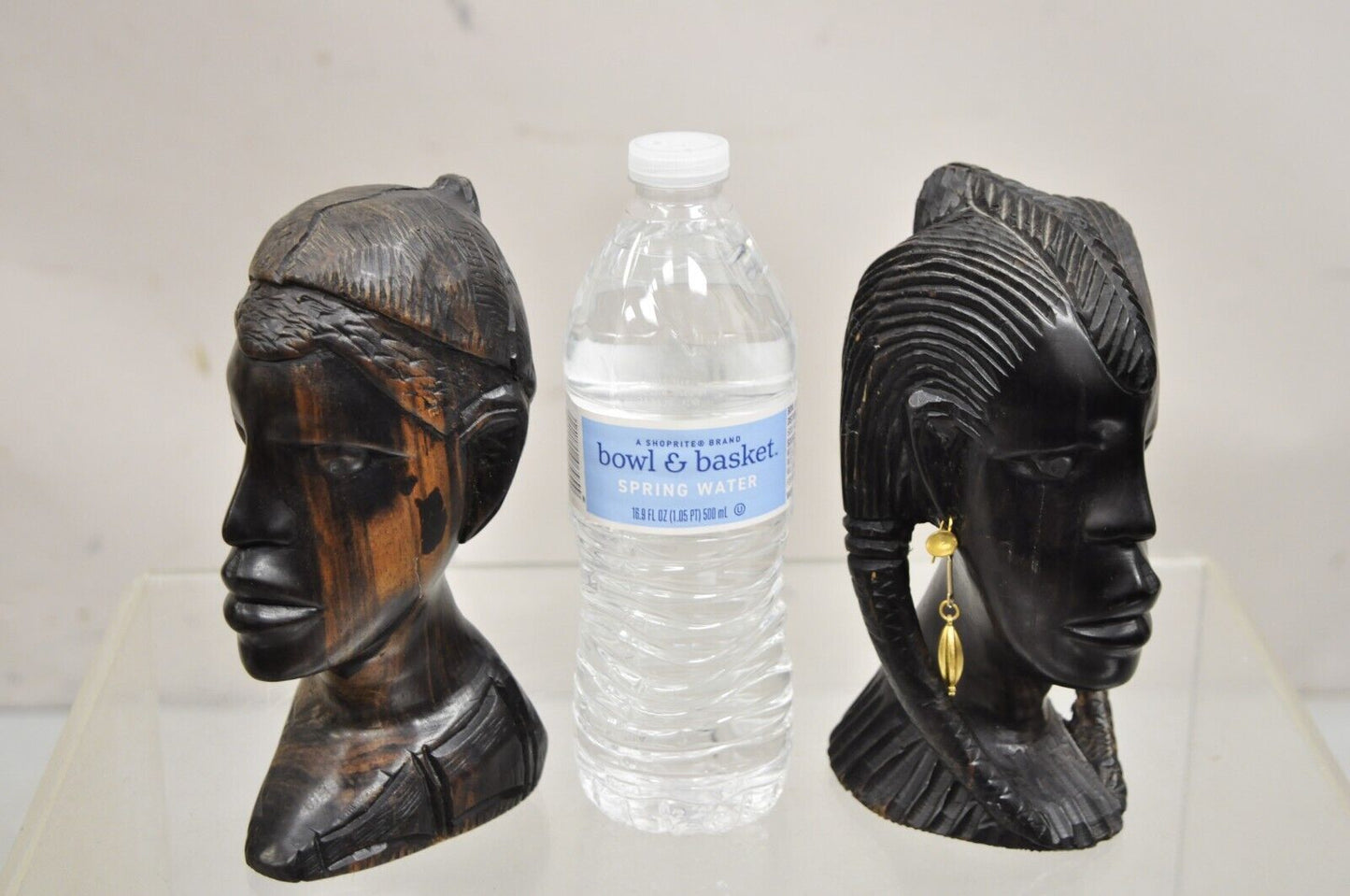 Vintage African Carved Ebony Wood 7" Male and Female Bust Statue Sculpture