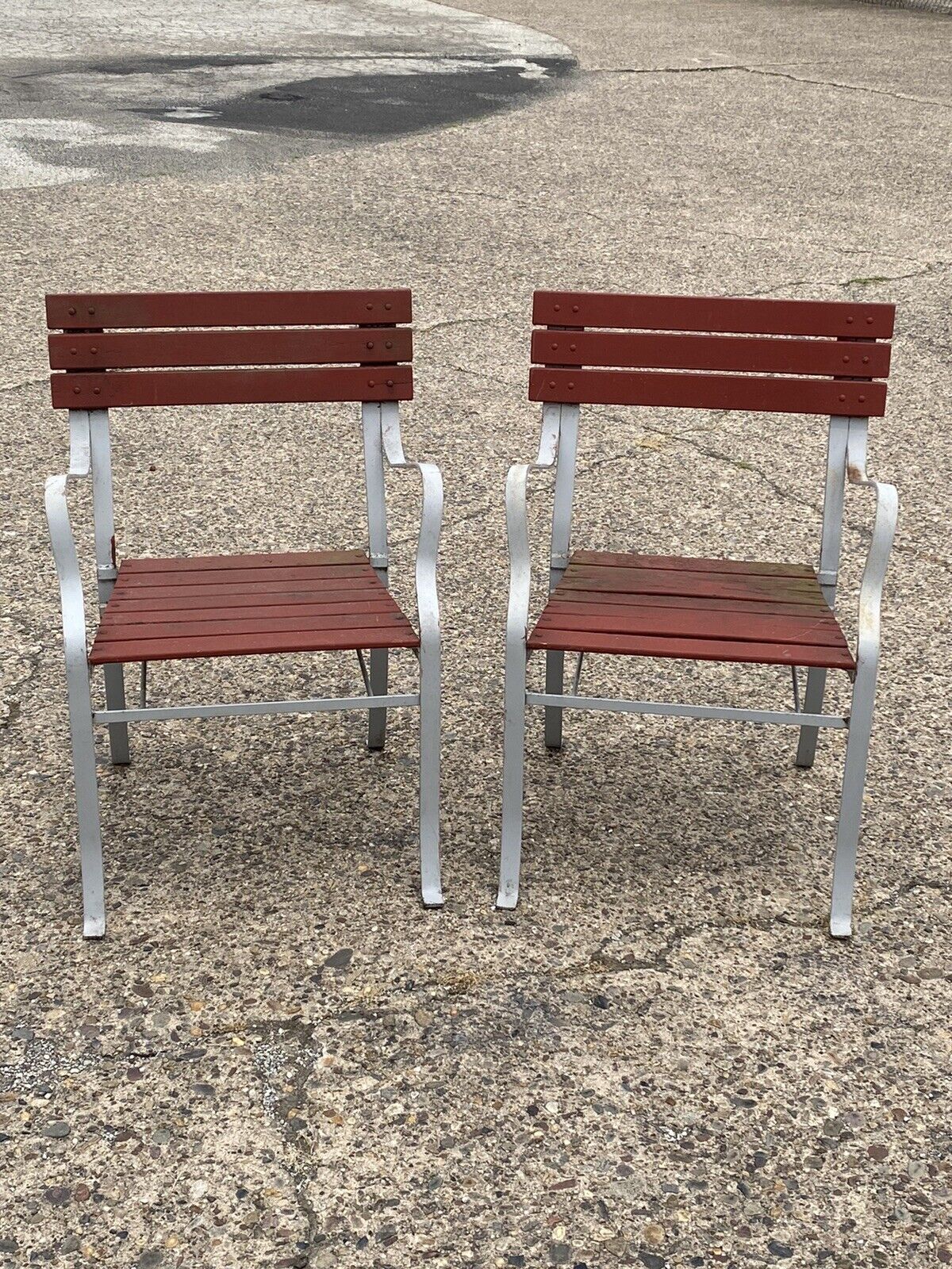 Vintage Wrought Iron and Wood Slat French Style Garden Outdoor Chairs - a Pair