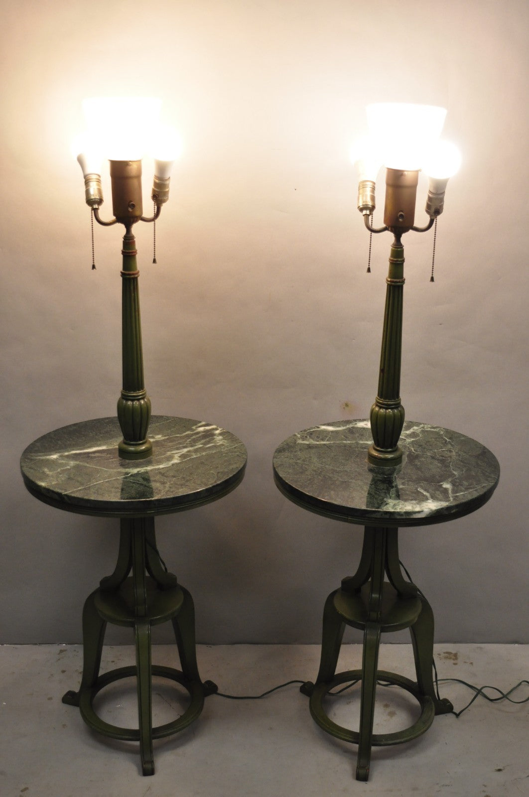 Hollywood Regency Tommi Parzinger Style Green Marble End Table Floor Lamp - Pair
