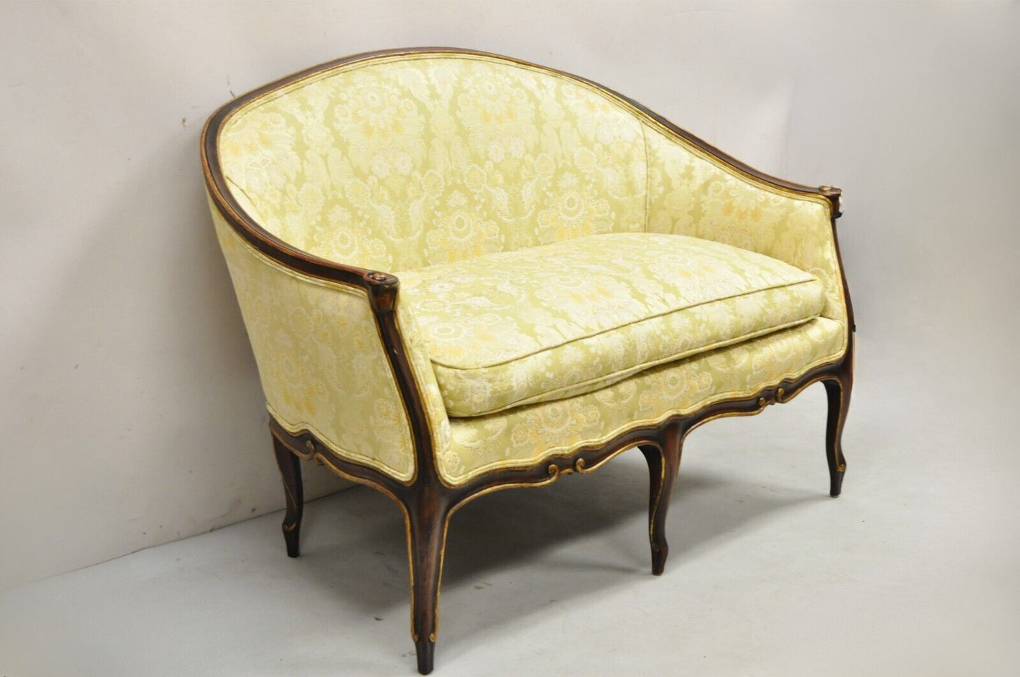 Vintage French Hollywood Regency Barrel Back Upholstered Loveseat Settee Sofa