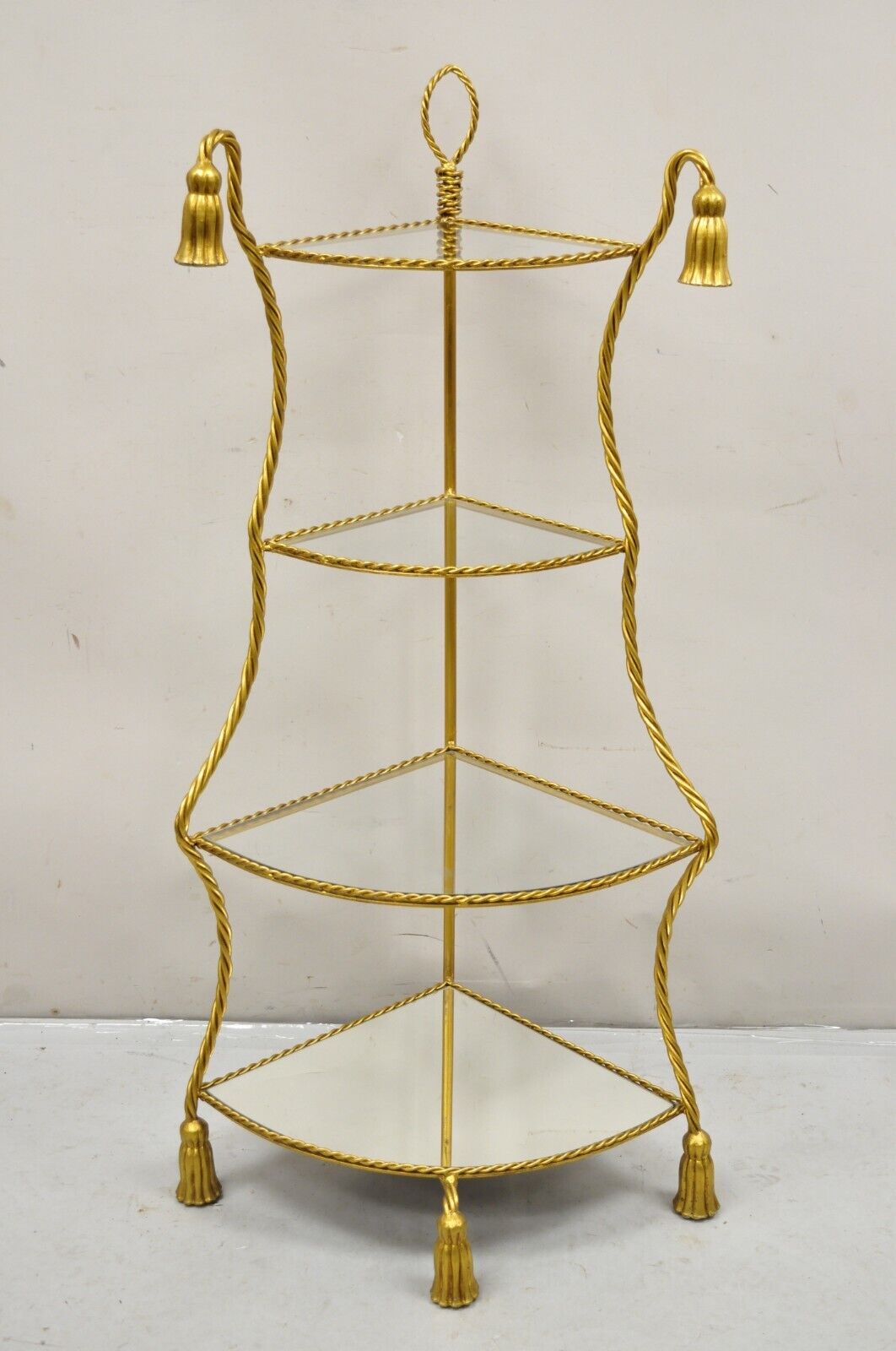 Italian Hollywood Regency Gold Gilt Iron Rope Tassel 4 Tier Etagere Corner Shelf
