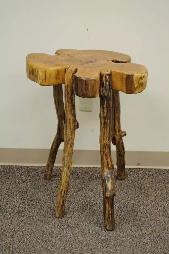 Robert Powchik Burl Wood Slab Live Edge Log Cabin Rustic Side Table