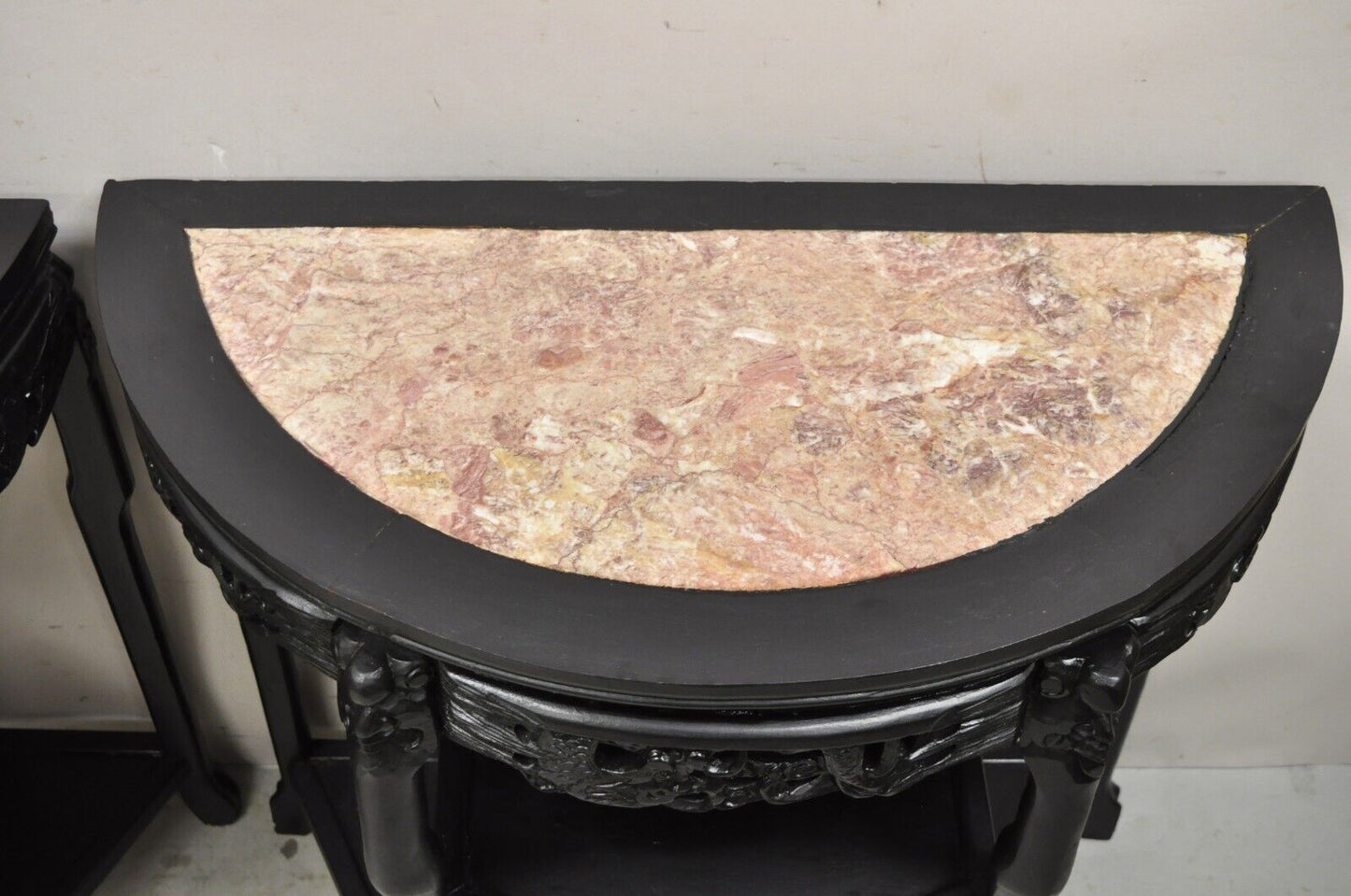 Vintage Chinese Chinoiserie Black Demilune Pink Marble Console Table - a Pair