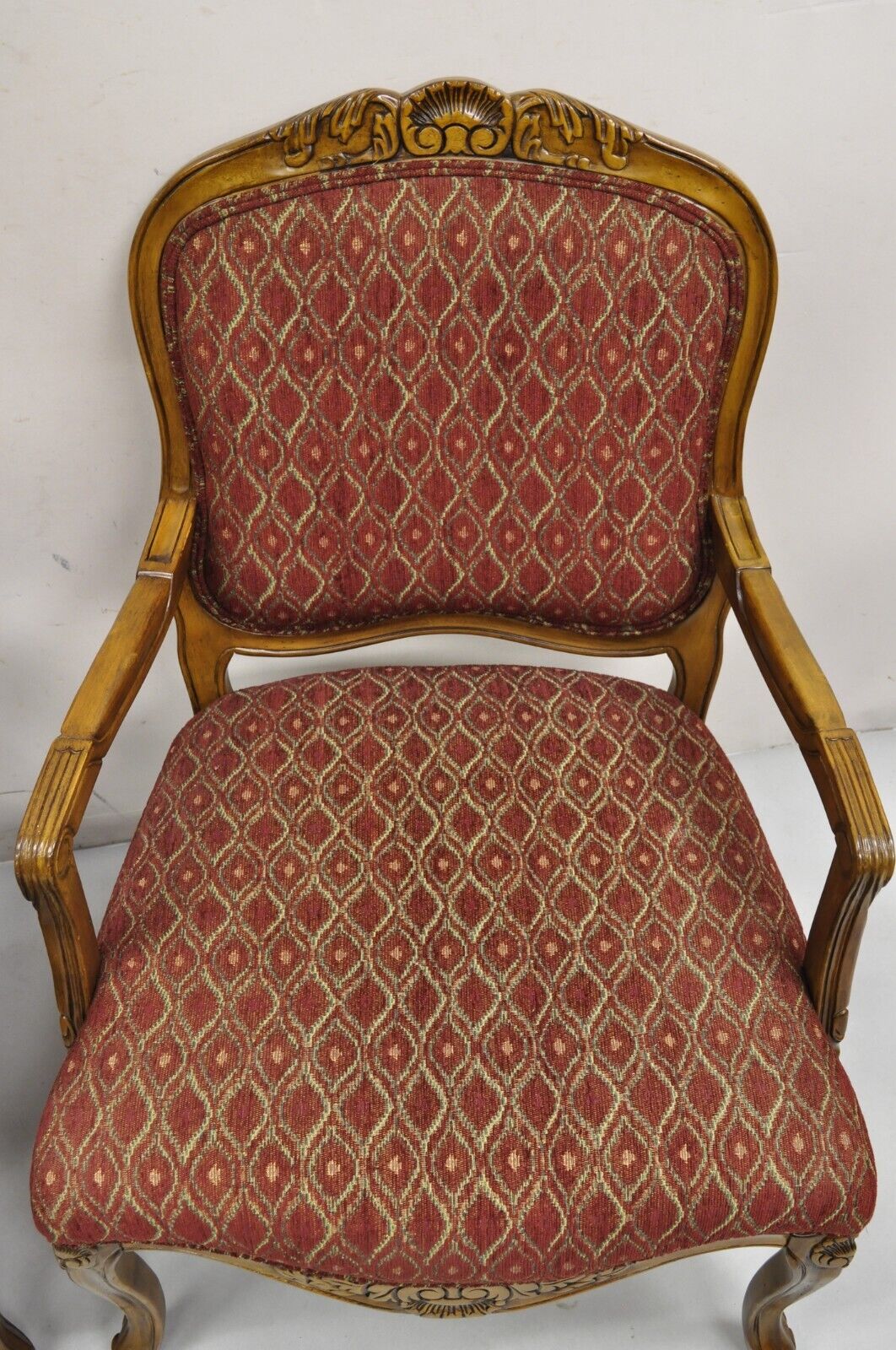 French Country Style Shell Carved Wood Burgundy Upholstered Lounge Chairs - Pair