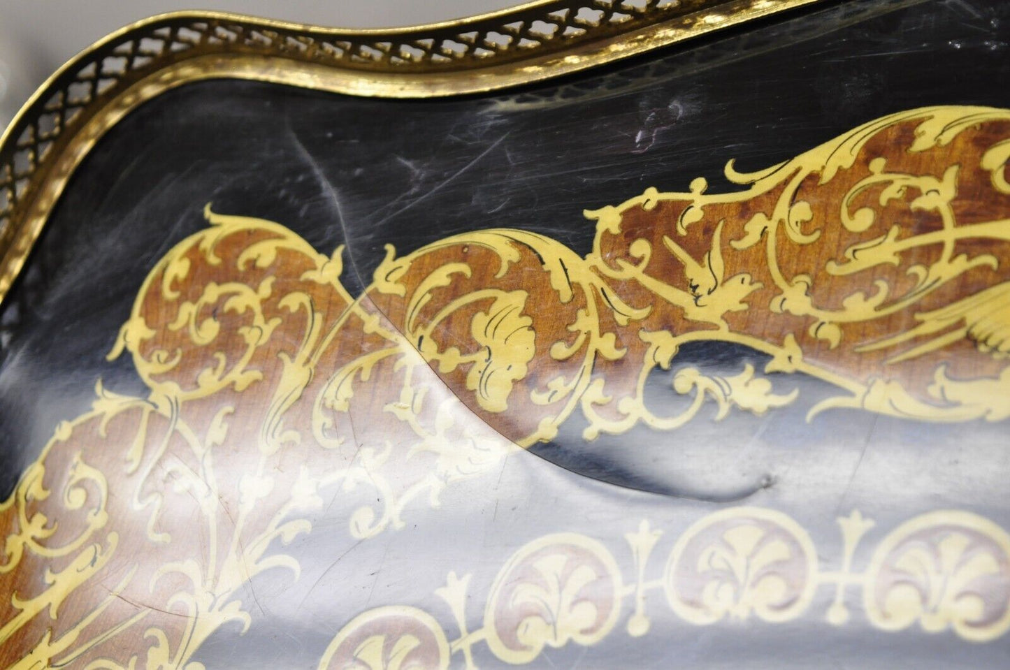 Vintage Italian Lacquered Wood and Brass Chariot Marquetry Inlay Serving Tray