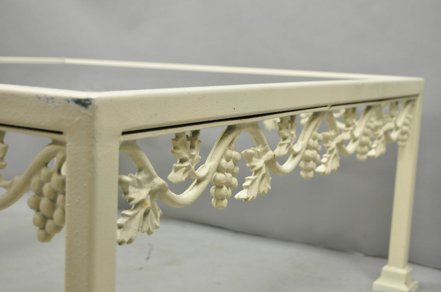 Vintage Woodard Style White Wrought Iron "Grapevine" Square Glass Coffee Table