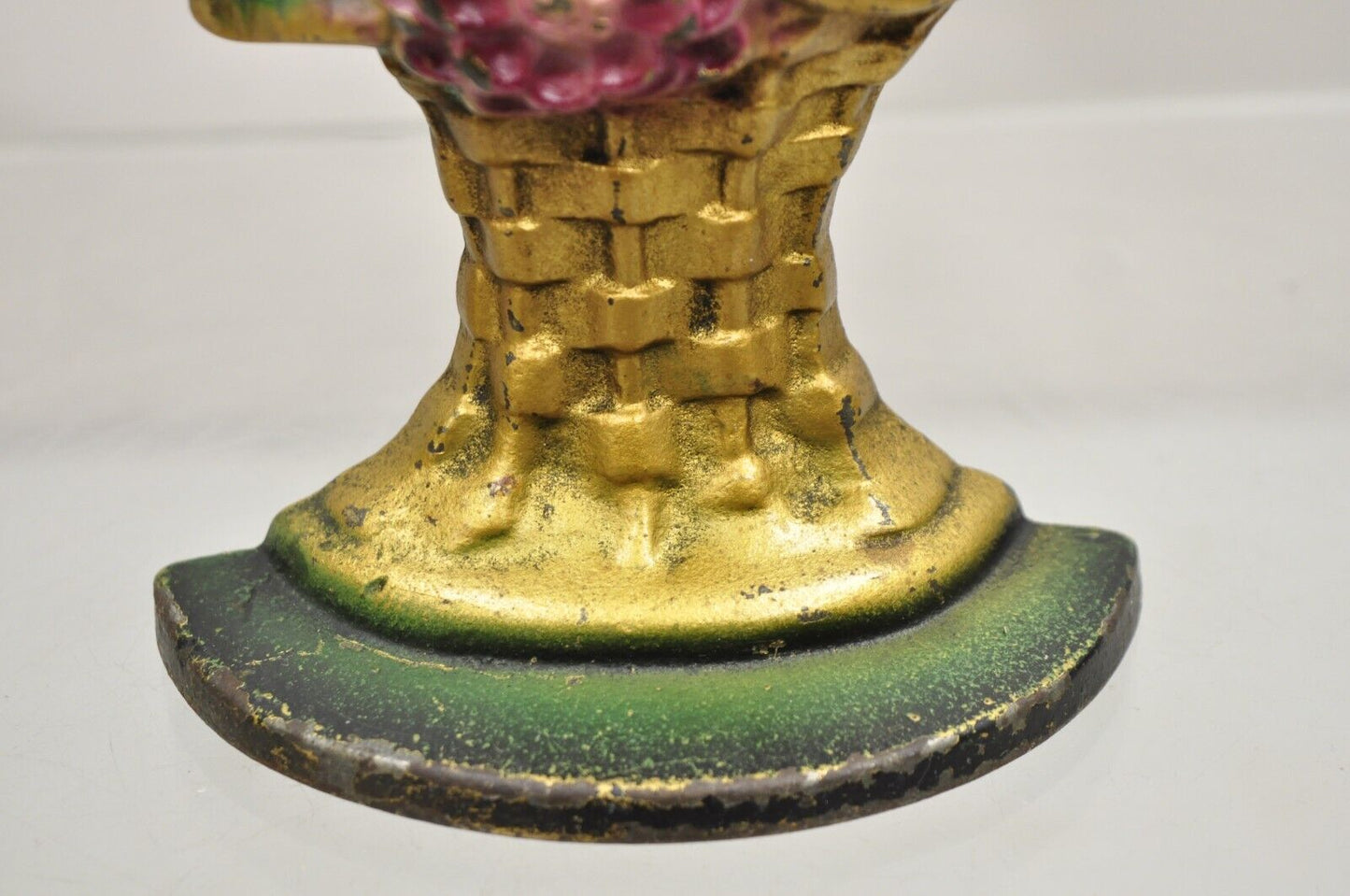 Antique Victorian Cast Iron Figural Floral Bouquet Gold Basket Painted Door Stop
