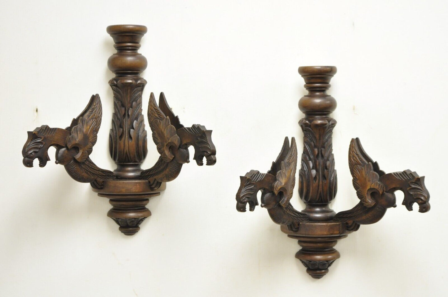 Vintage Italian Renaissance Carved Walnut Winged Griffin Wall Sconces - a Pair