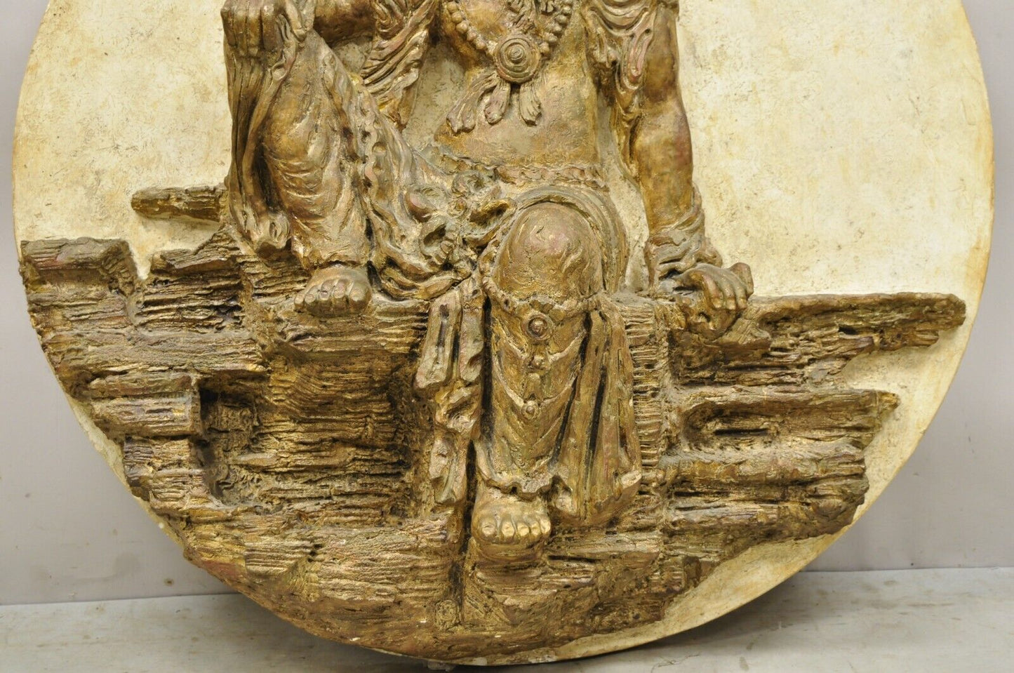 Large Vintage Fiberglass Kuan Shih Yin Buddha Relief Round Wall Art Sculpture