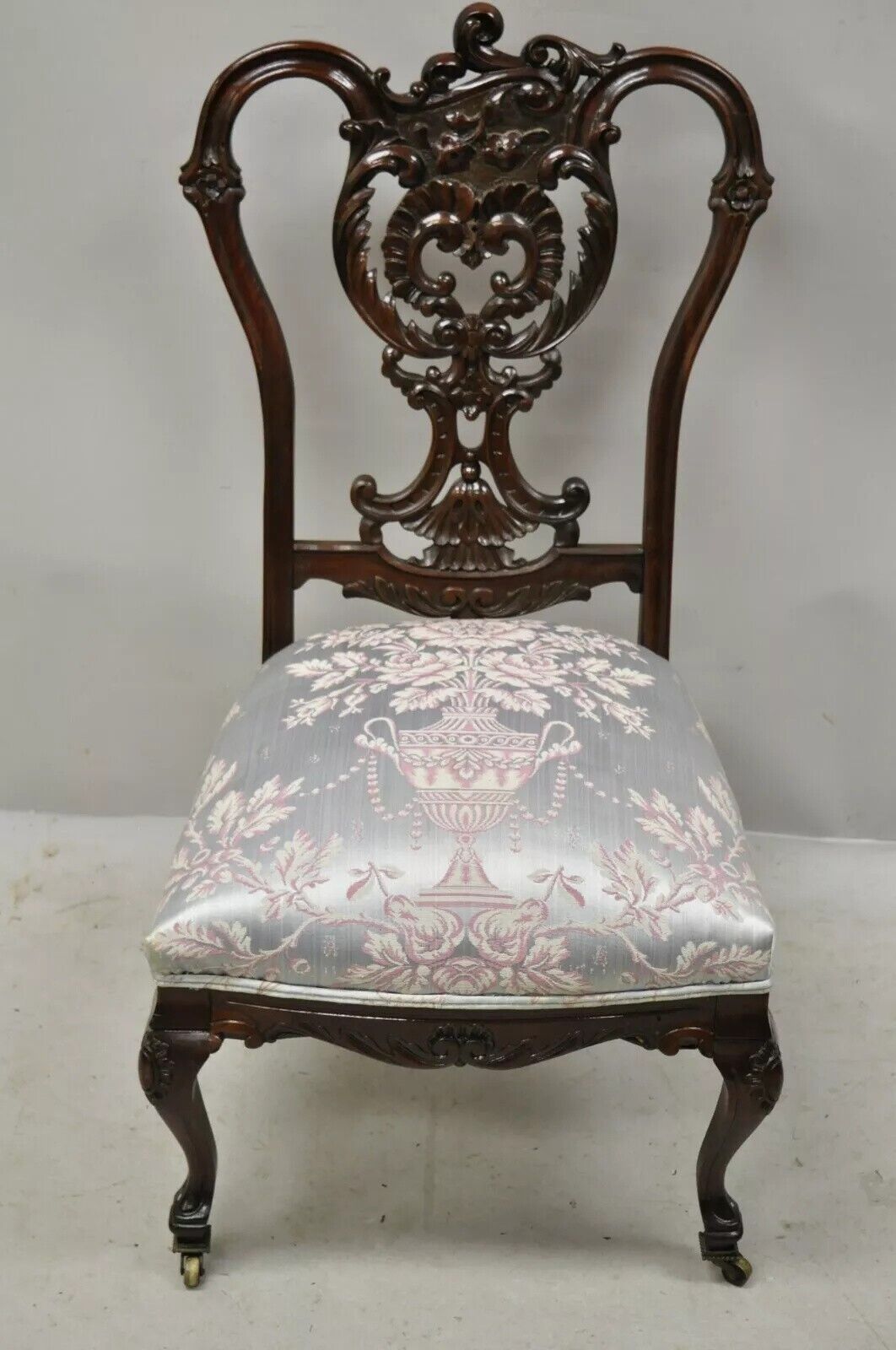 Antique Victorian Floral Scrollwork Carved Mahogany Parlor Accent Slipper Chair