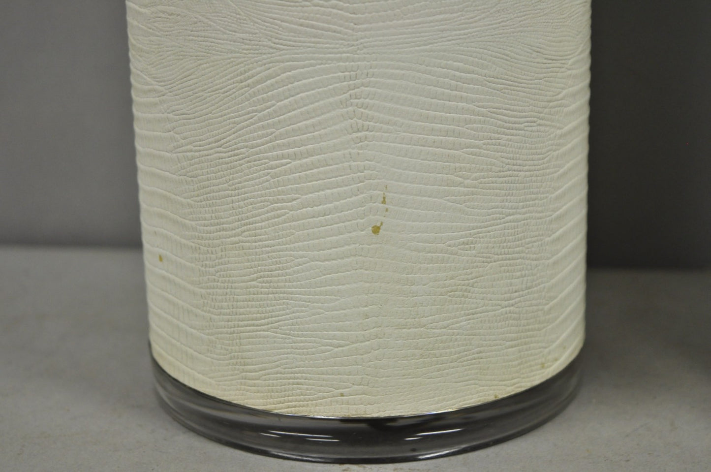 Vintage Hollywood Regency White Faux Alligator Embossed Cylinder Table Lamp Pair