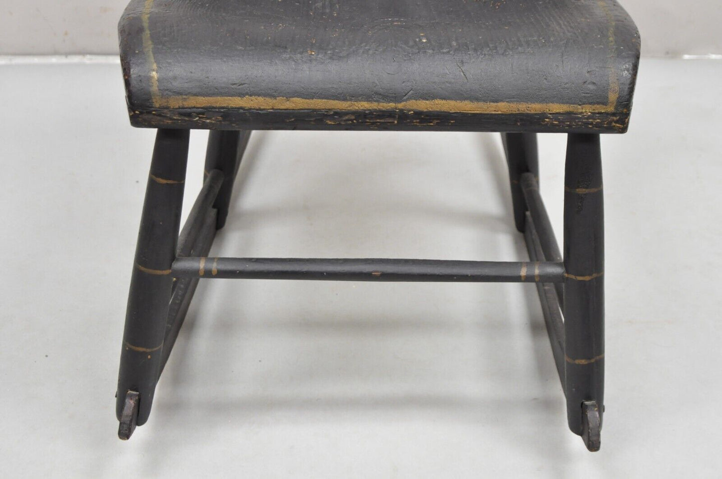 Antique Colonial Stencil Back Black Painted Plank Bottom Rocker Rocking Chair