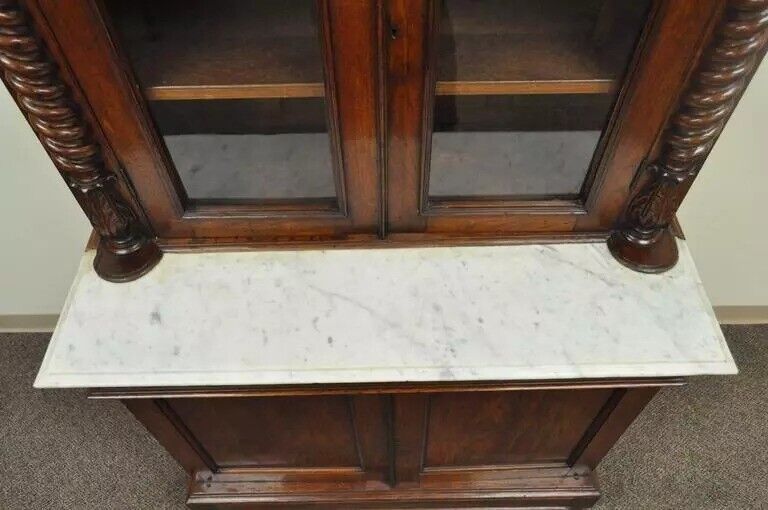 19th C. French Renaissance Carved Walnut Marble Top Bookcase Buffet Cabinet