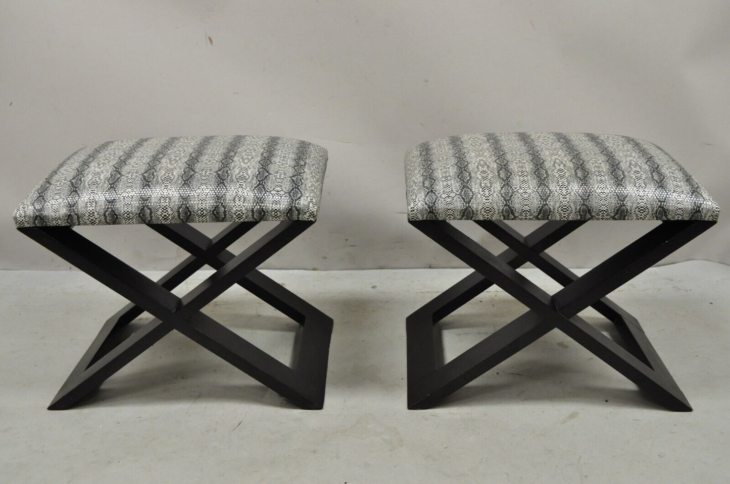 Hollywood Regency Style Black X-Frame Stools Snakeskin Upholstery - a Pair