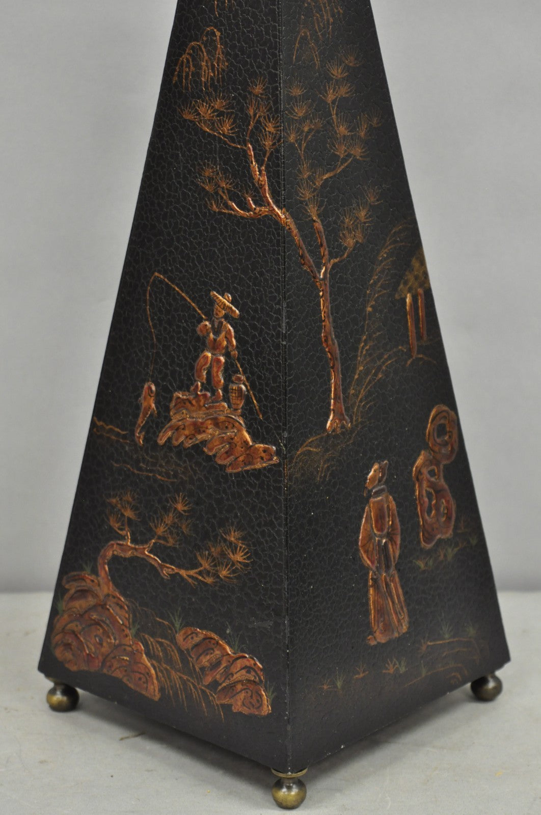 Castillian Imports Chinoiserie Black Lacquer Oriental Painted Obelisk Pyramid